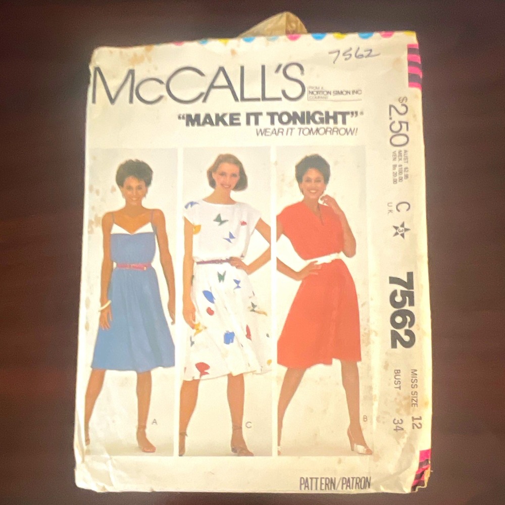 McCall's 7562 Vintage Misses Dress Sewing Pattern Size 12 Bust 34 1980s